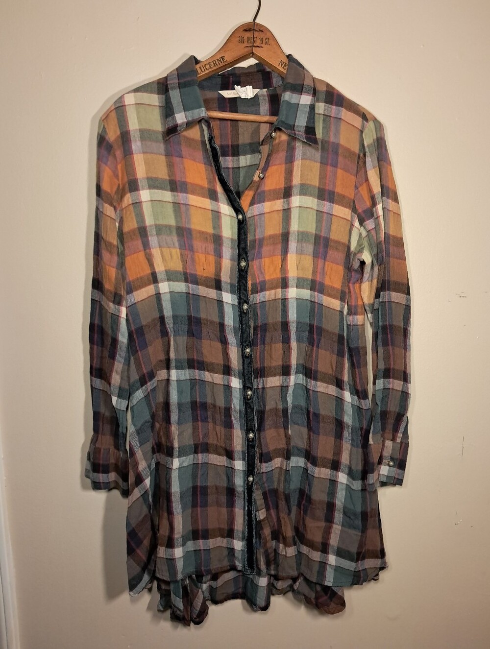 Soft Surroundings Plaid Button-Down Tunic Velvet Trim Boho Grunge